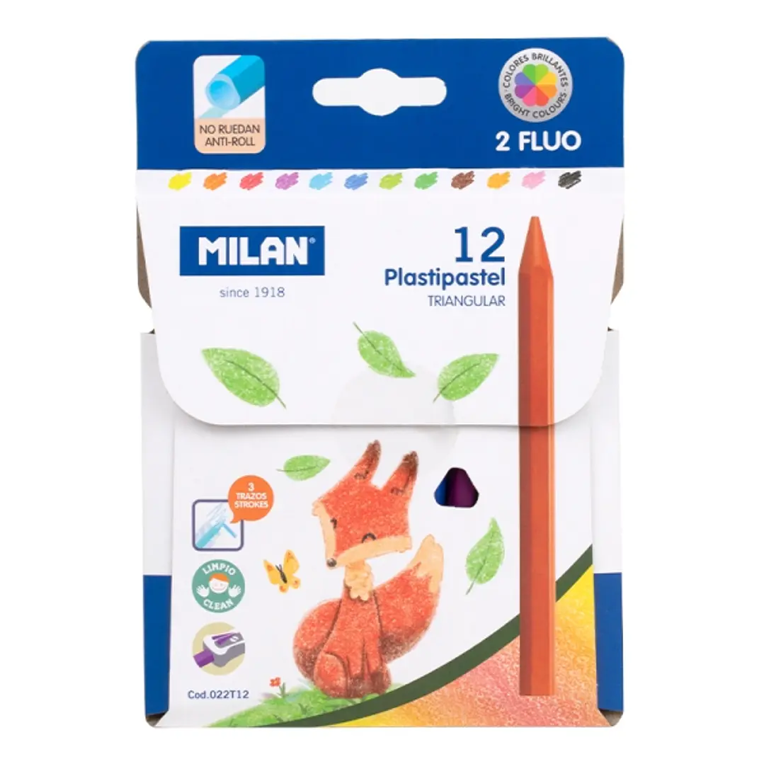 Milan Plastipastel Pack de 12 Ceras de Colores Triangulares - Contiene 2 Ceras Fluo - Colores Surtidos 1