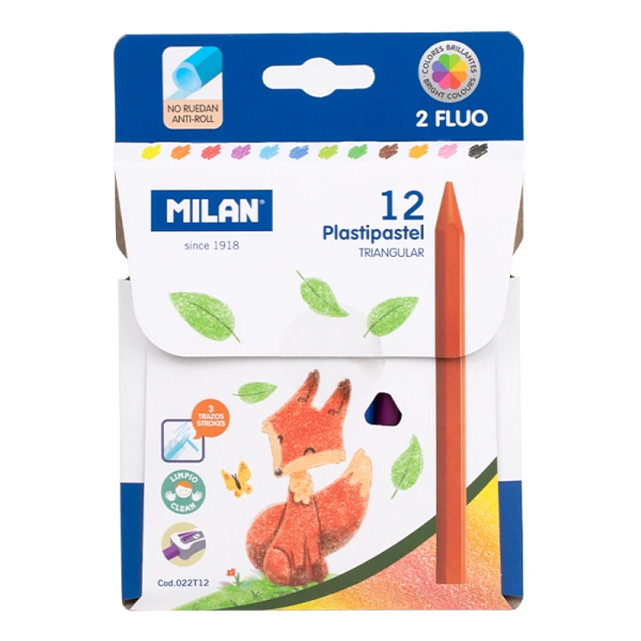 Milan Plastipastel Pack de 12 Ceras de Colores Triangulares - Contiene 2 Ceras Fluo - Colores Surtidos 1