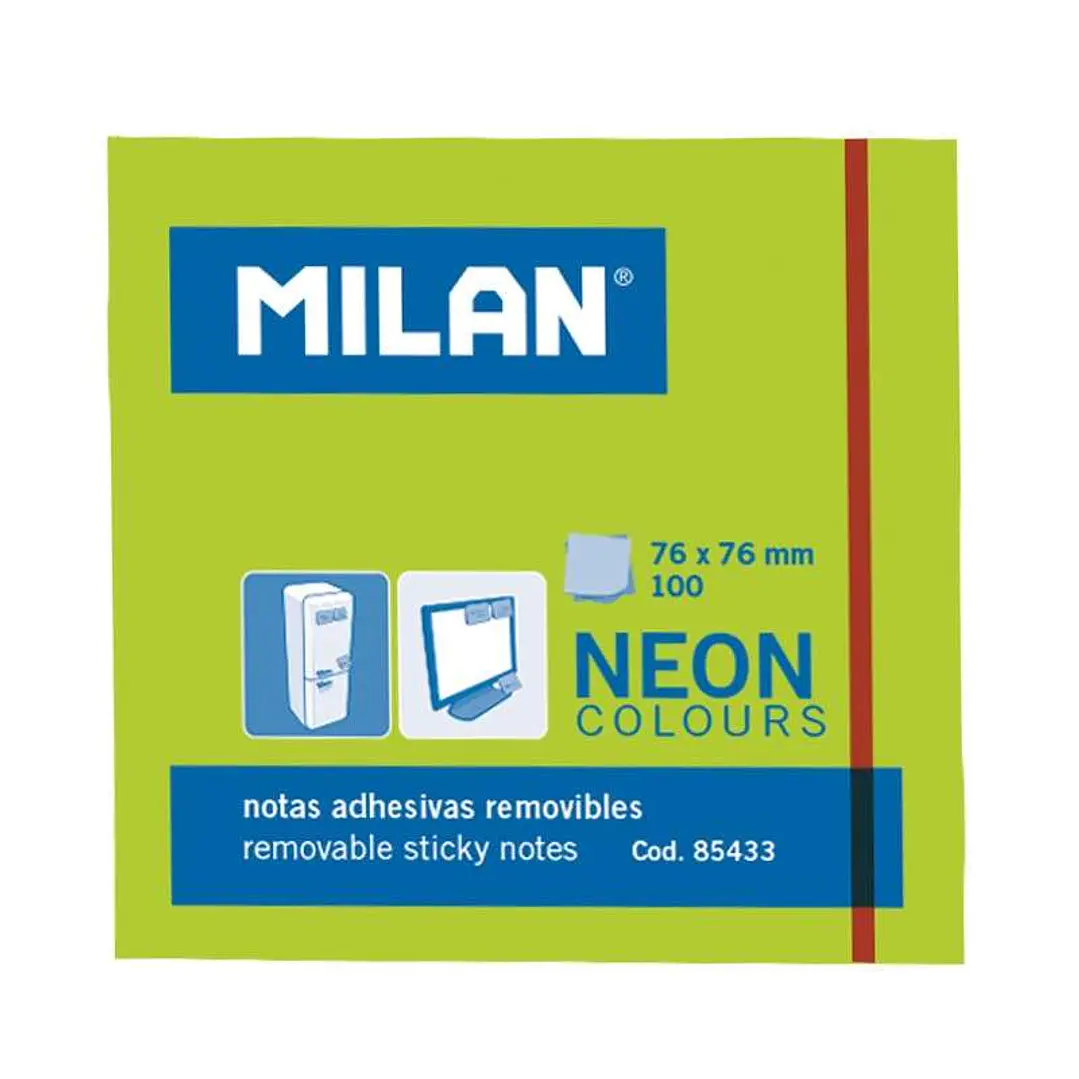 Milan Bloc de 100 Notas Adhesivas - Removibles - 76mm x 76mm - Color Verde Neon 1
