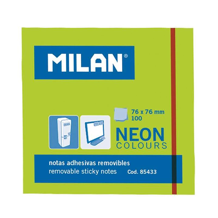 Milan Bloc de 100 Notas Adhesivas - Removibles - 76mm x 76mm - Color Verde Neon 1