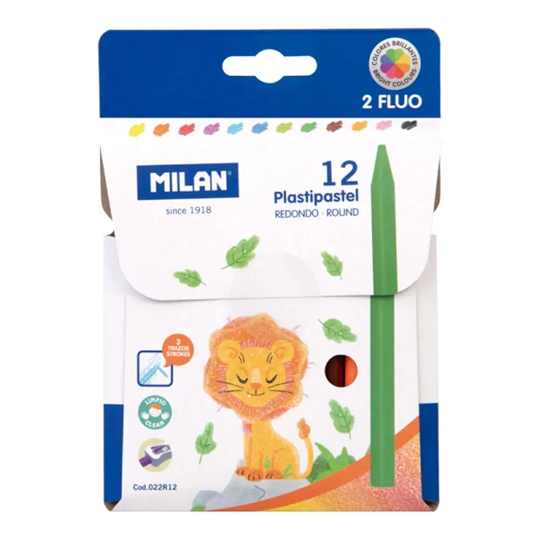 Milan Plastipastel Pack de 12 Ceras de Colores Redondas - Contiene 2 Ceras Fluo - Colores Surtidos 1