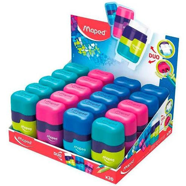 Maped Connect Duo Afilaborra de 2 Orificio con Goma de Borrar - Deposito de Gran Capacidad - Forma Ergonomica - Colores Surtidos 1
