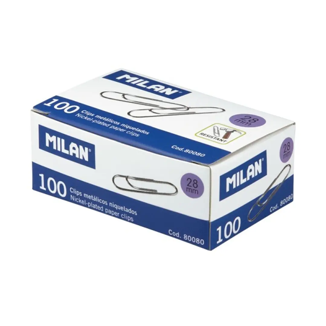 Milan Caja de 100 Clips Labiados Niquelados 28mm 1
