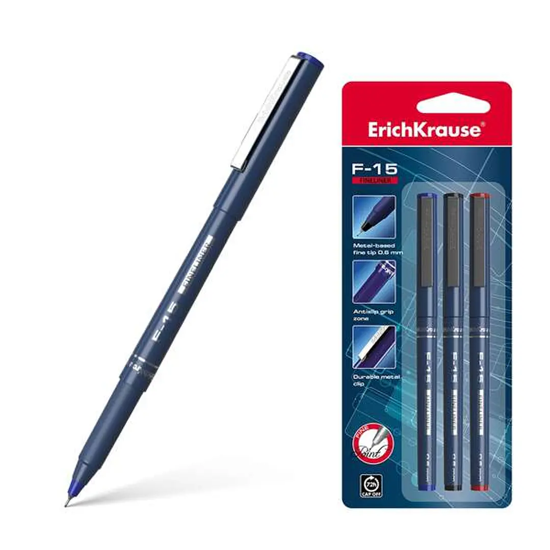 Erichkrause F-15 Pack de 3 Rotuladores Punta Fina - Trazo de 0.6mm - Clip Metalico - Color Negro, Azul y Rojo 1