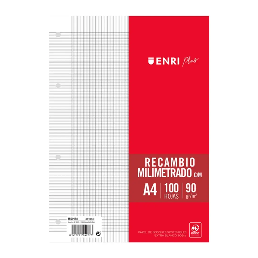 Enri Plus Recambio A4 100 Hojas con Margen Milimetrado - Papel de 90gr - 4 Taladros 1