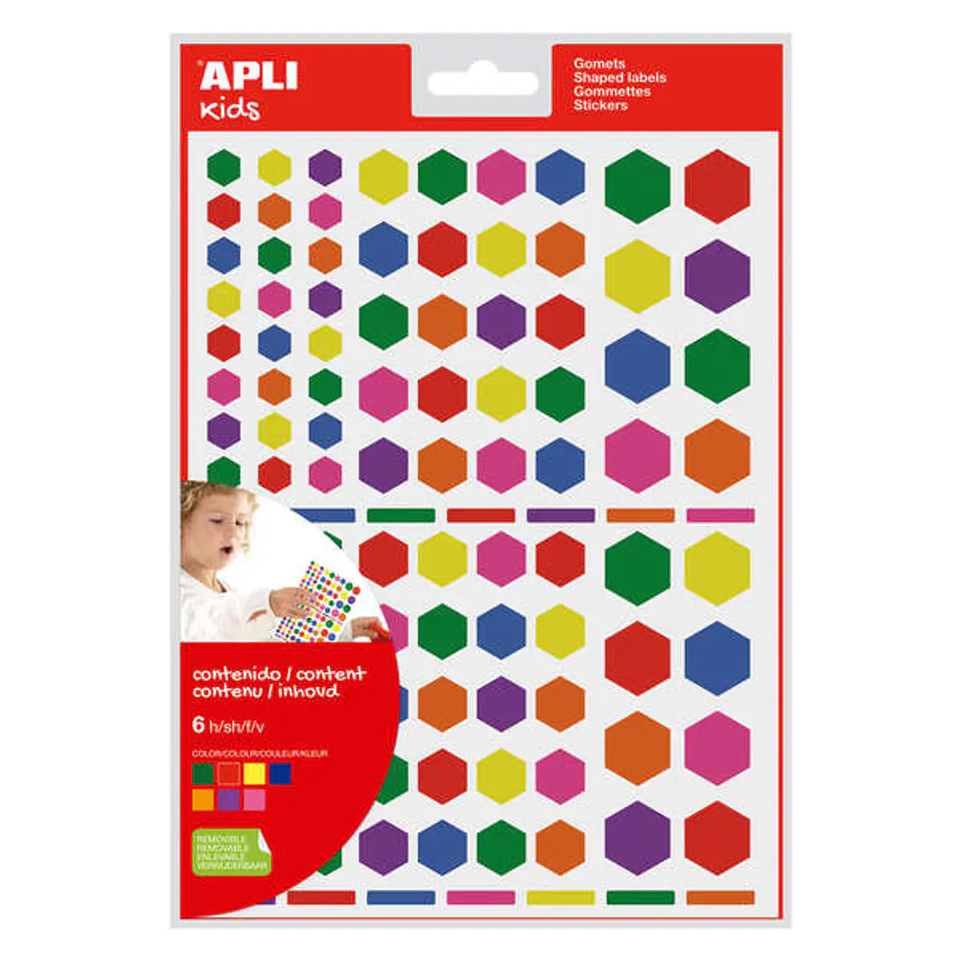 Apli Gomets Hexagonales Removibles - 3 Tamaños Surtidos - 624 Gomets por Bolsa - Desarrollo de Habilidades y Creatividad - Colores: Verde, Amarillo, L 1