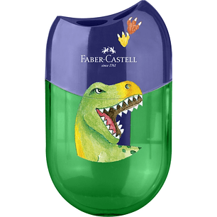 Faber-Castell Dinosaurio Sacapuntas de 2 Orificios con Deposito - Diseño Atractivo de Dinosaurio - Color Verde/Azul