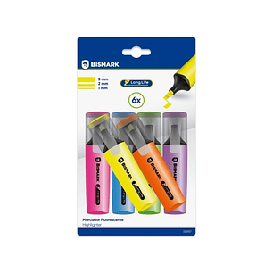 Bismark Long-Life Pack de 6 Marcadores Fluorescentes Neon - Tinta de Secado Rapido - Punta Biselada - Ideal para Subrayar y Resaltar - Diseño Ergonomi