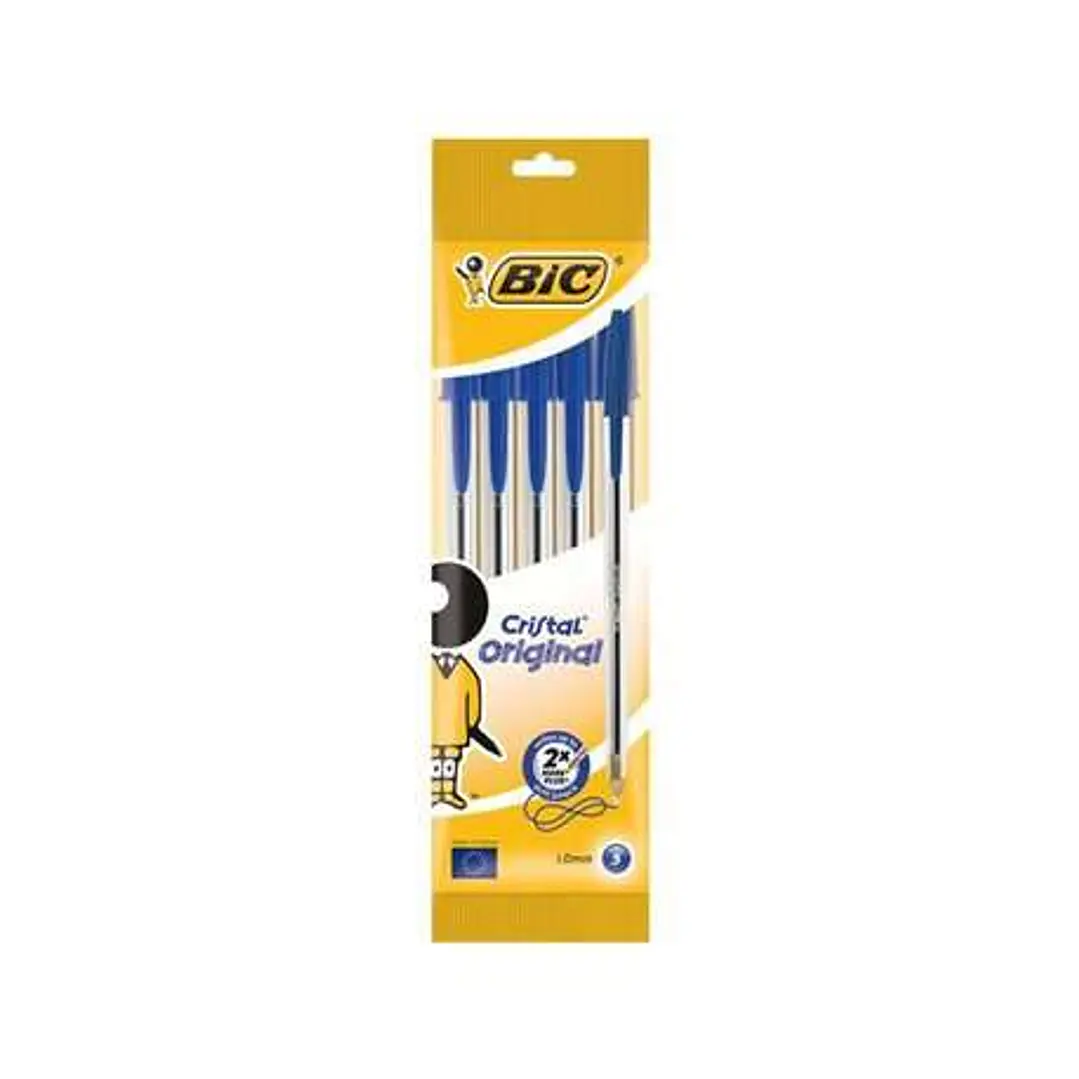 Bic Cristal Original Pack de 5 Boligrafos de Bola - Punta Redonda de 1.0mm - Trazo 0.4mm - Tinta con Base de Aceite - Color Azul 1