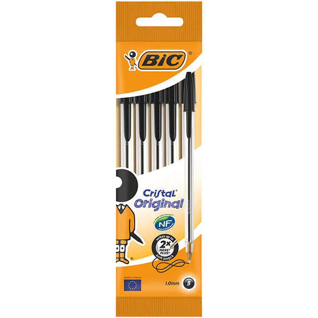 Bic Cristal Original Pack de 5 Boligrafos de Bola - Punta Redonda de 1.0mm - Trazo 0.4mm - Tinta con Base de Aceite - Color Negro 1