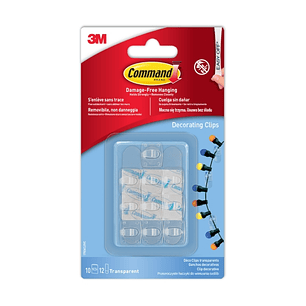 Command Pack de 10 Ganchos para Luces - Sujeccion de Clip - 12 Tiras Adhesivas - Color Transparente