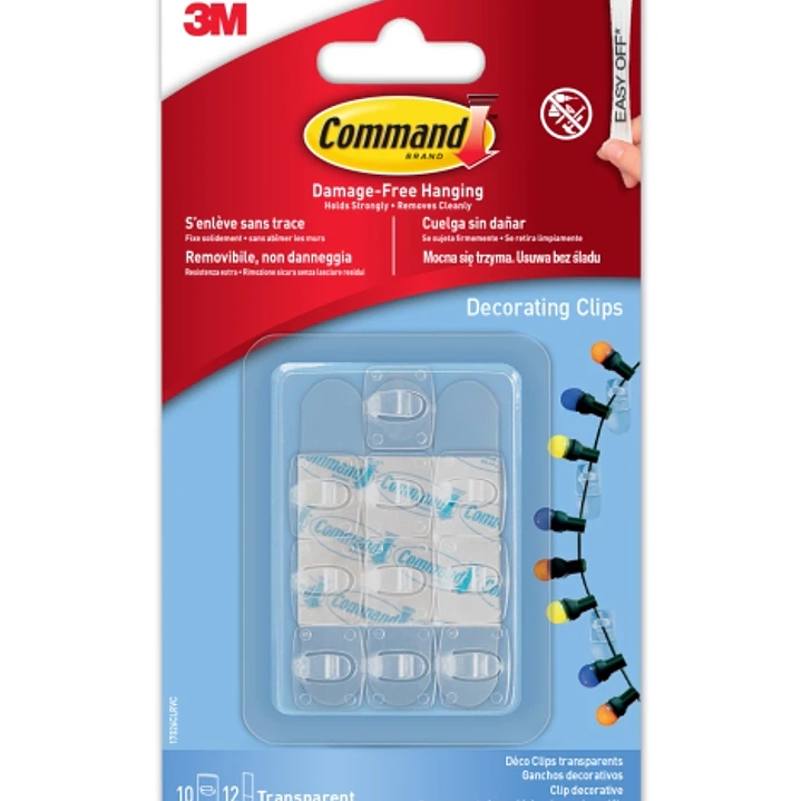 Command Pack de 10 Ganchos para Luces - Sujeccion de Clip - 12 Tiras Adhesivas - Color Transparente 1