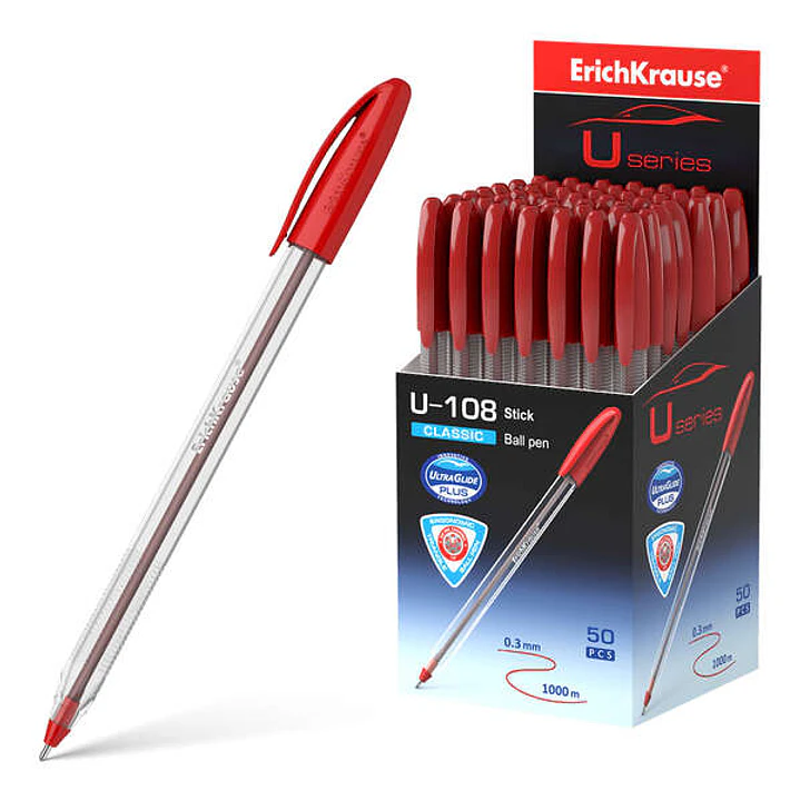 Erichkrause U-108 Boligrafo Clasico - Punta de Bola 1.0mm - Trazo de 0.3mm - Tapa Ventilada - Ultra Glide Technology - Color Rojo 1
