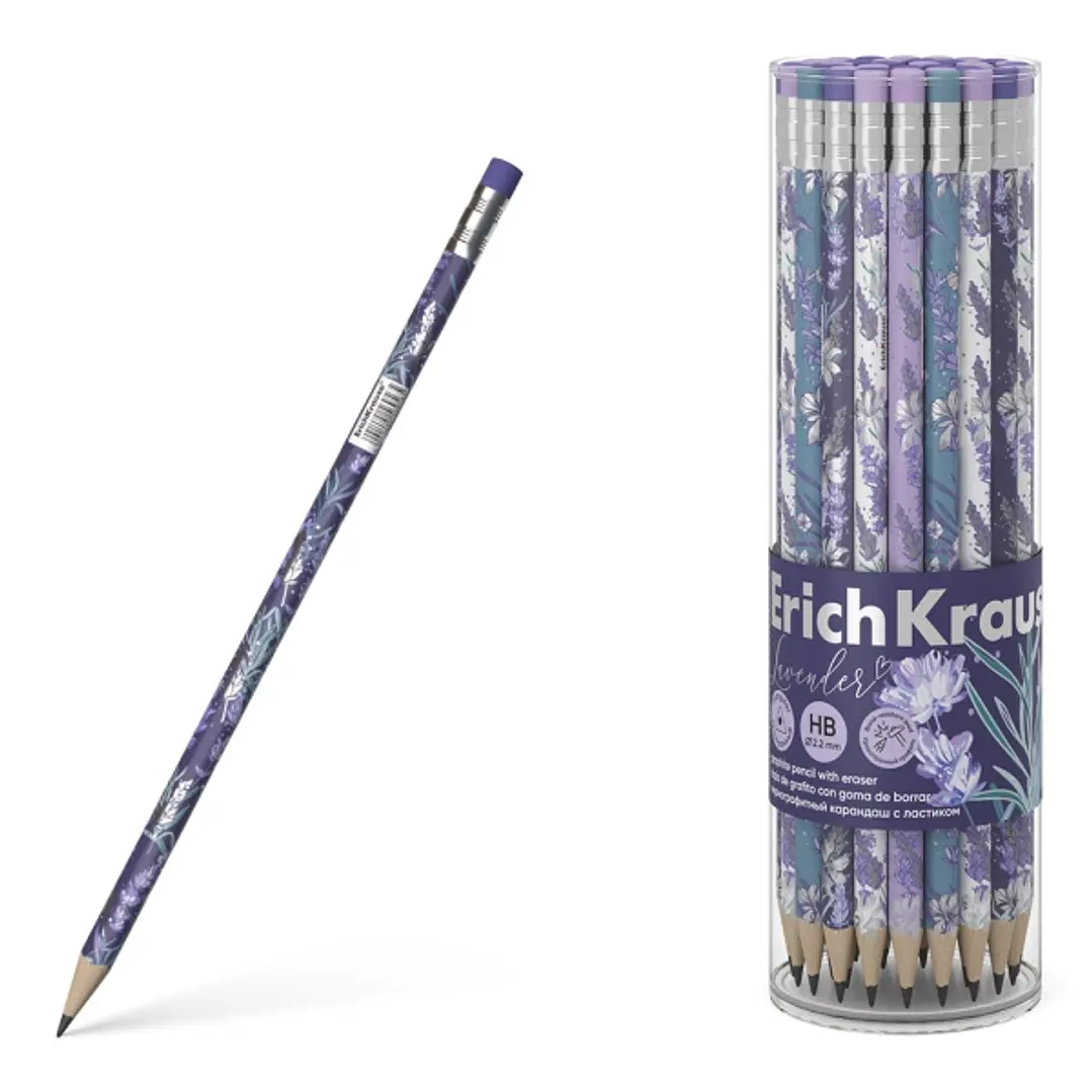 Erichkrause Lavanda Lapiz de Grafito Triangular HB - Goma de Borrar - 4 Diseños Surtidos 1
