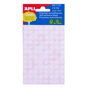 Apli Minibolsa de 480 Etiquetas Redondas Ø 8.0mm - 5 Hojas por 96 Etiquetas - Adhesivo Permanente - Color Blanco