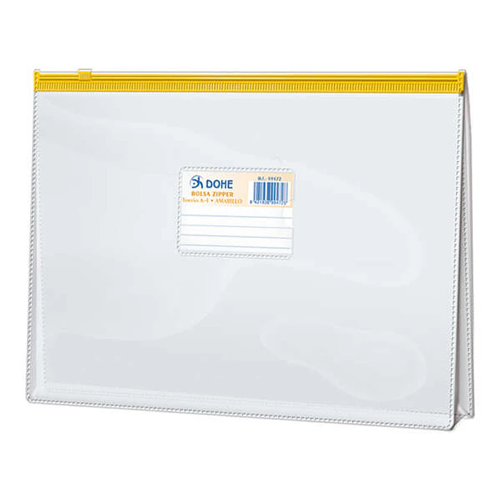 Dohe Bolsa Zipper Folio Apaisado PVC Transparente 150 Micras - Apertura Superior - Cierre Zip Hermetico en Color Amarillo 1