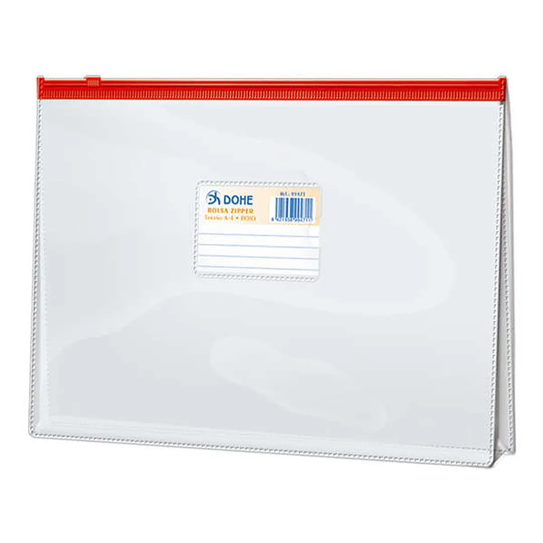 Dohe Bolsa Zipper Folio Apaisado PVC Transparente 150 Micras - Apertura Superior - Cierre Zip Hermetico en Color Rojo 1