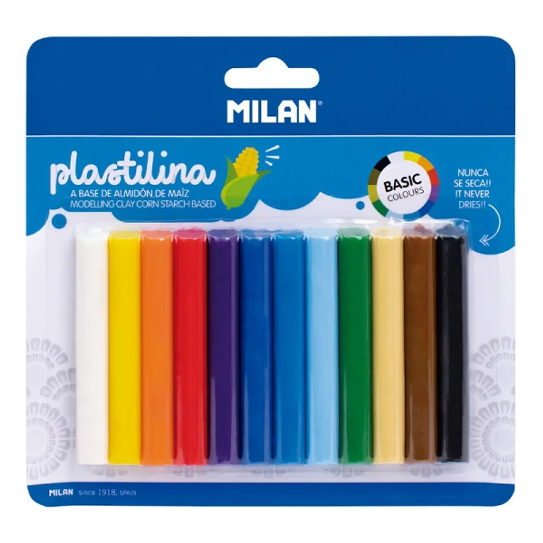 Milan Pack de 12 Barritas Plastilina de Colores - 100% Vegetal - Muy Moldeable - No Se Seca - Colores Mezclables - 140g - Colores Surtidos 1