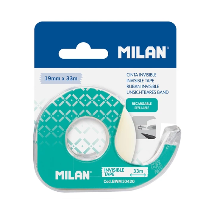 Milan Portarrollos con Cinta Adhesiva - Cinta Transparente Mate - Hoja de Corte Metalica - 19mm x 33m - Color Verde 1