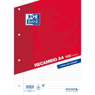 Oxford Classic Recambio de 100 Hojas Sueltas A4 1 Linea Horizontal con Margen 4 Taladros