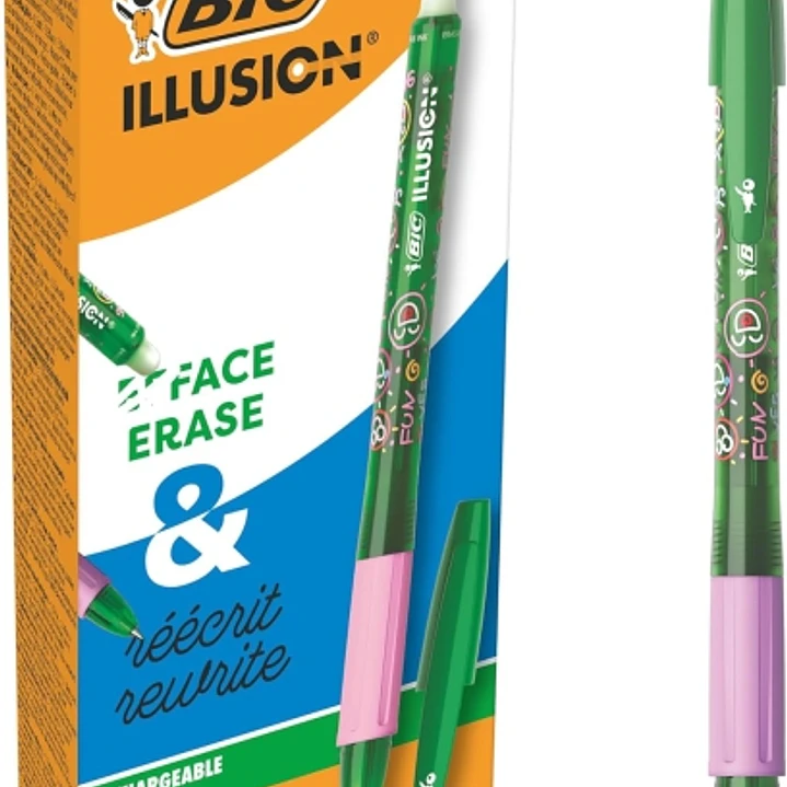 Bic Illusions Boligrafo Borrable - Punta Media de 0.7mm - Grip de Goma - Recargable - Color Verde 1