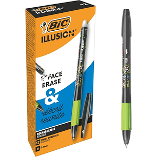 Bic Illusions Boligrafo Borrable - Punta Media de 0.7mm - Grip de Goma - Recargable - Color Negro