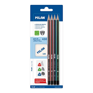Milan Pack de 4 Lapices + Goma de Borrar 430 - Triangulares - Durezas Surtidas - Colores Surtidos