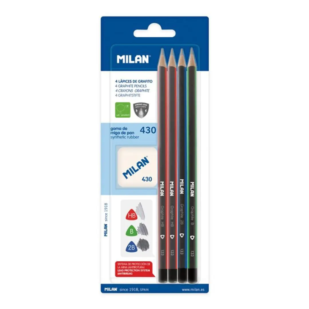 Milan Pack de 4 Lapices + Goma de Borrar 430 - Triangulares - Durezas Surtidas - Colores Surtidos 1