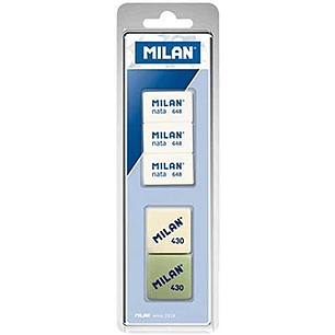Milan Pack de 5 Gomas de Borrar + 3x Gomas 648 Nata Rectangulares + 2x Gomas 430 Cuadradas - Colores Surtidos