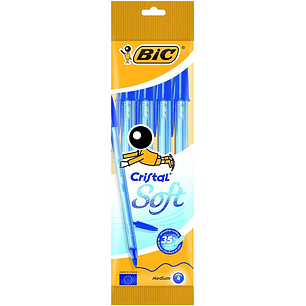 Bic Cristal Soft Pack de 4 Boligrafos de Bola - Punta Media de 1.2mm - Trazo 0.45mm - Escritura mas Fluida - Color Azul