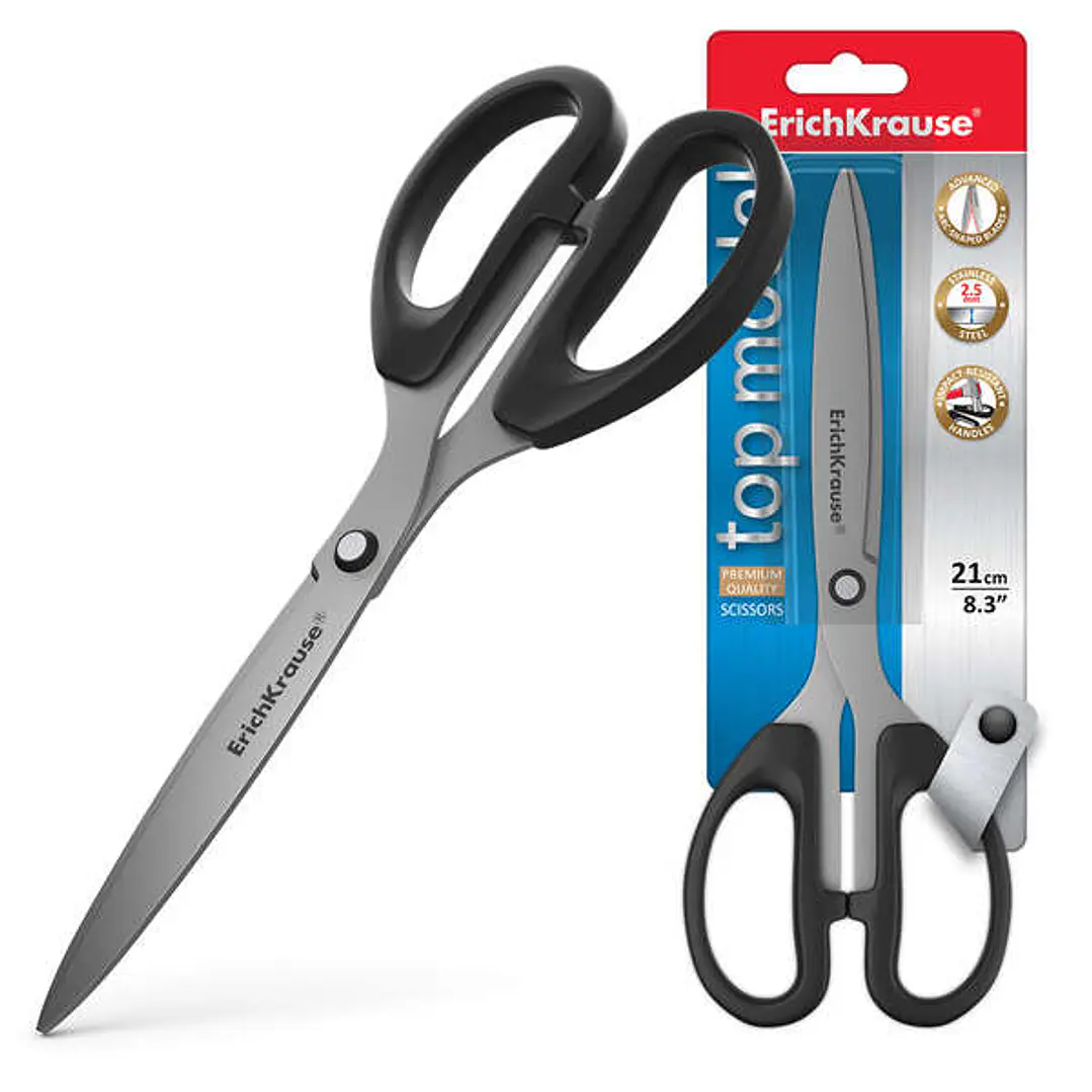 Erichkrause Top Model Tijeras de 21cm con Cuchillas en Forma de Arco de Acero Inoxidable - Afilado Doble Avanzado - Color Negro 1