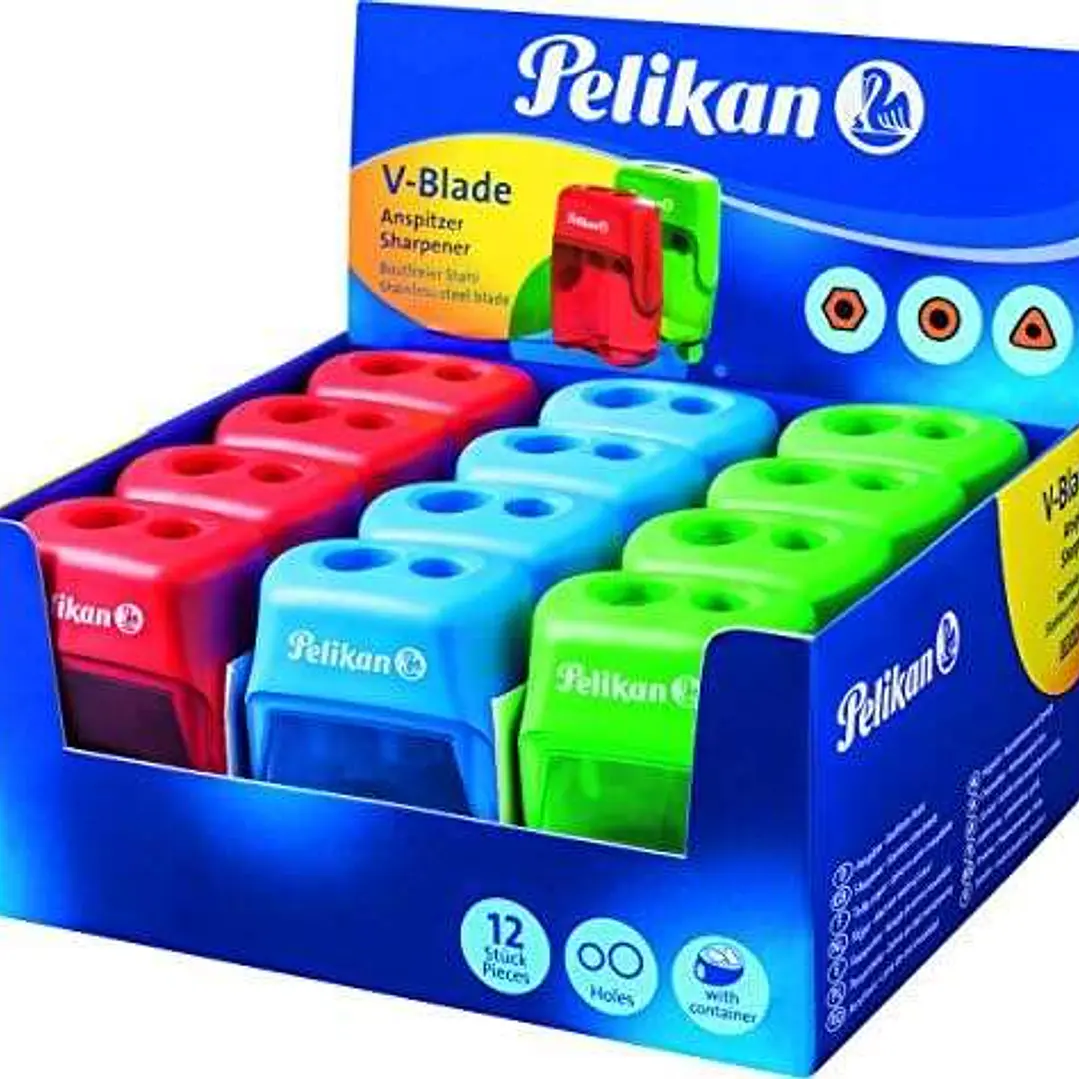 Pelikan V-Blade Sacapuntas Doble Orificio + Deposito - Colores Azul, Rojo y Verde 1
