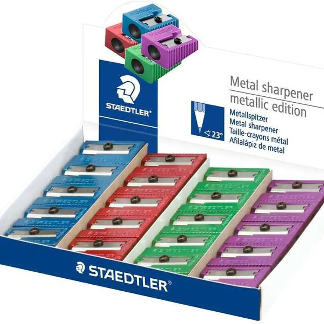 Staedtler Sacapuntas Metalico con Cuchilla de Metal - Angulo de Afilado de 23° - 1 Agujero - Colores Surtidos 1