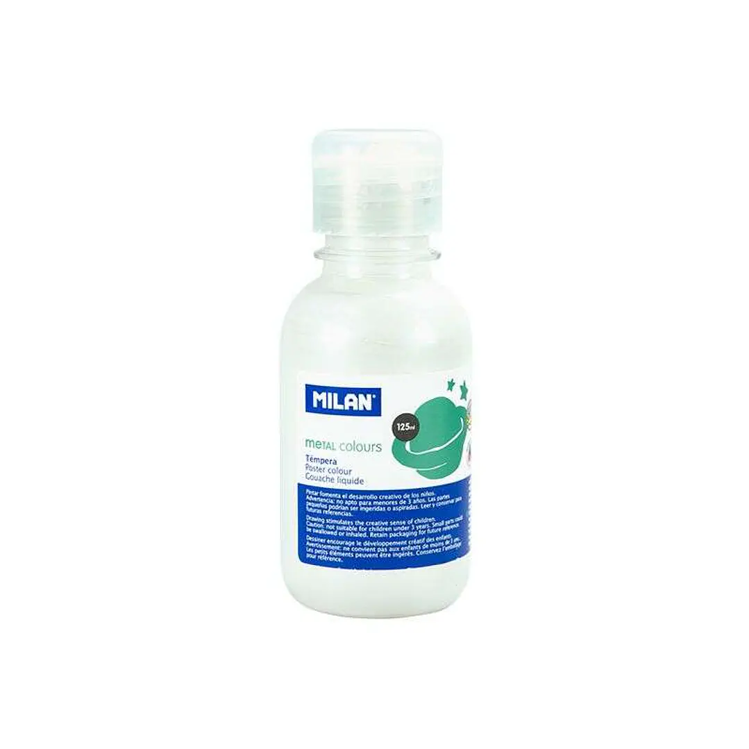 Milan Botella de Tempera 125ml - Tapon Dosificador - Secado Rapido - Mezclable - Color Blanco Metalizado 1