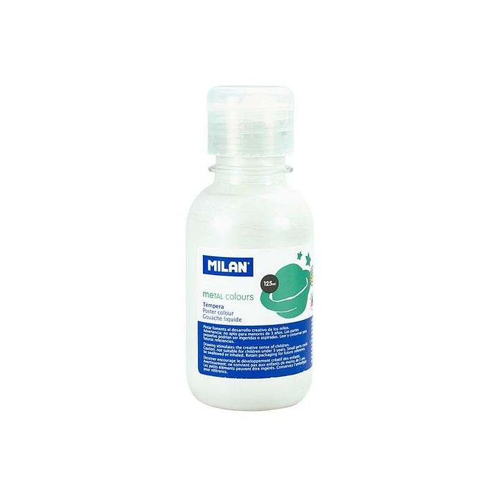 Milan Botella de Tempera 125ml - Tapon Dosificador - Secado Rapido - Mezclable - Color Blanco Metalizado 1