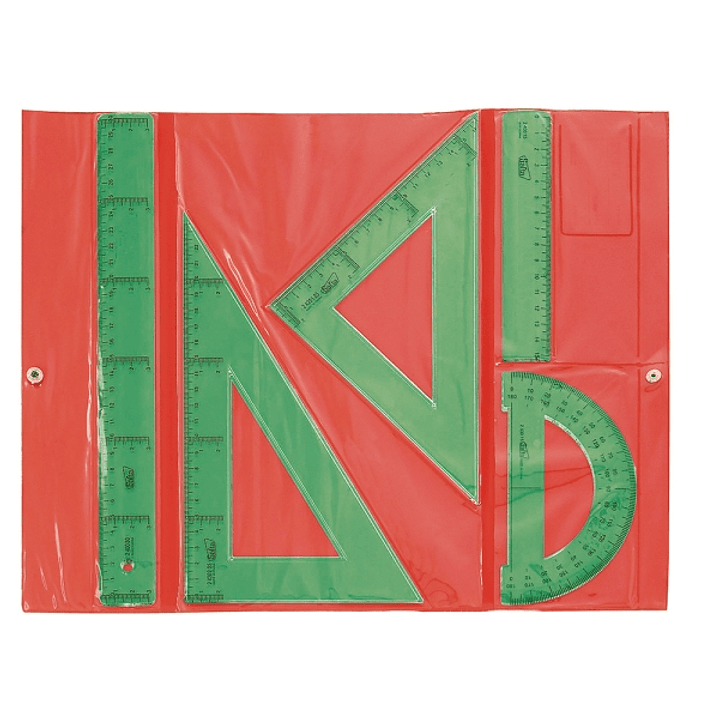 Safta Pack de 5 Reglas - Regla de 30cm - Regla de 15cm - Escuadra de 25cm - Cartabon de 25cm - Semicirculo de 15cm - Cierre de Velcro - Color Verde 1