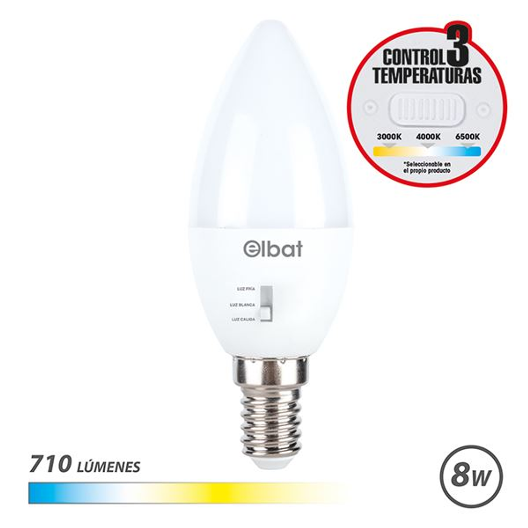 Elbat Bombilla LED C37 - 8W - 710Lm - E14 - Selector de Luz - Calida 3000K, Blanca 4000K y Fria 6500K 1