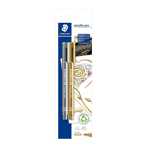 Staedtler Metallic Pen Pack de 2 Rotuladores de Punta Fina - Trazo 1 - 2mm - Tinta Base de Agua - Colores Oro y Plata
