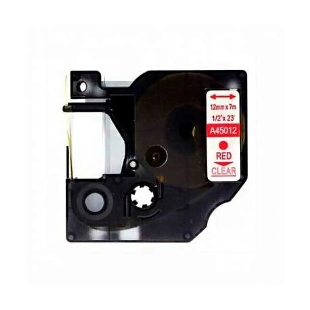Dymo D1 45012 Cinta de Etiquetas Generica para Rotuladora - Texto rojo sobre fondo transparente - Ancho 12mm x 7 metros - Reemplaza S0720520 1