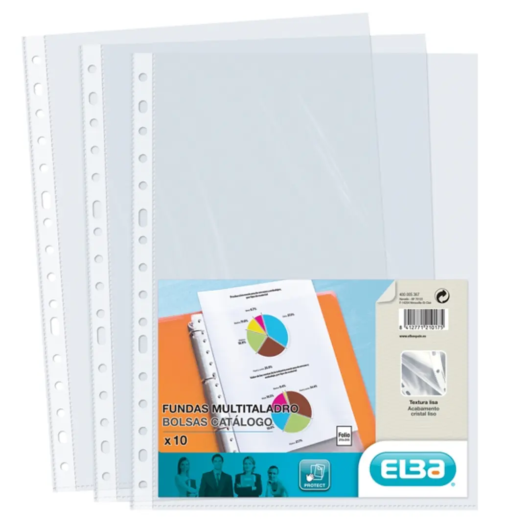 Elba Pack de 10 Fundas Multitaladro PP 70 Micras - Tamaño Folio - Acabado Cristal - Transparente 1