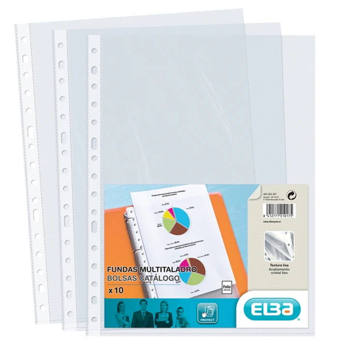 Elba Pack de 10 Fundas Multitaladro PP 70 Micras - Tamaño Folio - Acabado Cristal - Transparente 1