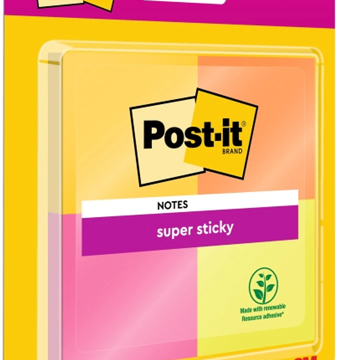 Post-It Super Sticky Pack de 4 Blocs de 45 Notas Adhesivas Reposicionables - 47.6x47.6mm - 100% PEFC - Colores Surtidos 1