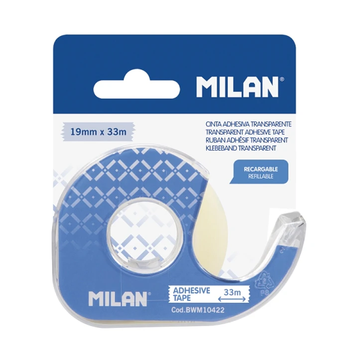 Milan Portarrollos con Cinta Adhesiva - Cinta Transparente Brillante - Hoja de Corte Metalica - 19mm x 33m - Color Azul 1