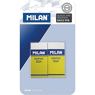 Milan Nata 6024 Graphic Pack de 2 Gomas de Borrar Rectangulares - Plastico - Faja de Carton Amarilla - No daña el Papel - Color Blanco