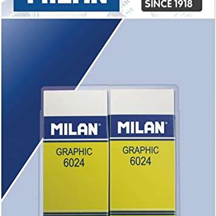 Milan Nata 6024 Graphic Pack de 2 Gomas de Borrar Rectangulares - Plastico - Faja de Carton Amarilla - No daña el Papel - Color Blanco 1