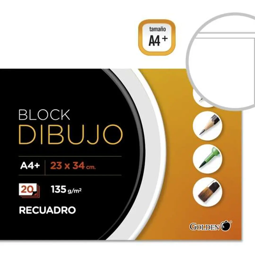 Golden Cuaderno de Dibujo A4+ con 20 Hojas - Papel de 135gr - Recuadro Interior Tamaño A4 1