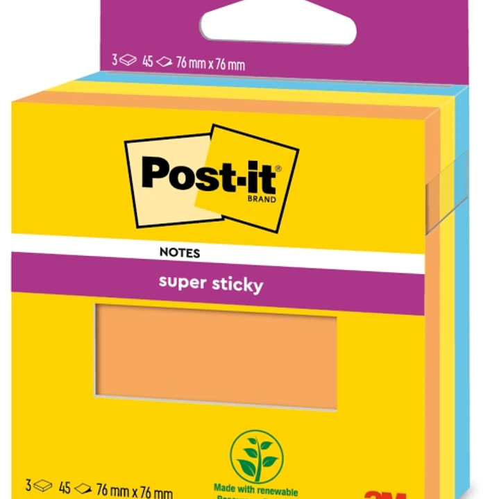 Post-It Super Sticky Pack de 3 Blocs de 45 Notas Adhesivas Reposicionables - 100% PEFC - Color Naranja 1