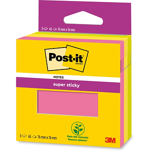 Post-It Super Sticky Pack de 3 Blocs de 45 Notas Adhesivas Reposicionables - 76x76mm - 100% PEFC - Colores Surtidos