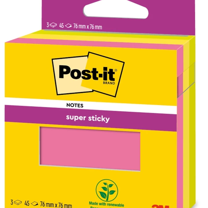 Post-It Super Sticky Pack de 3 Blocs de 45 Notas Adhesivas Reposicionables - 76x76mm - 100% PEFC - Colores Surtidos 1