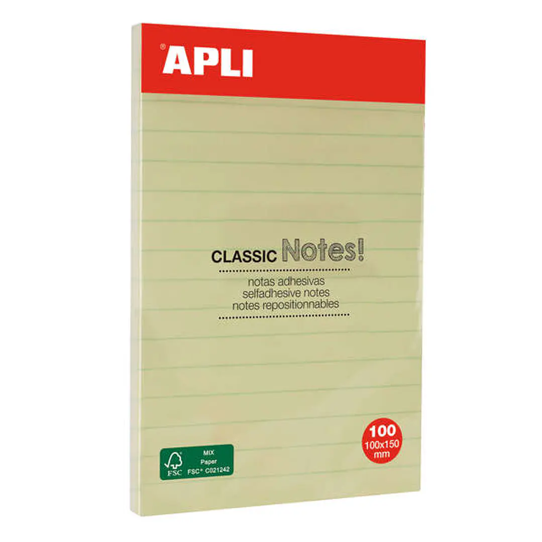 Apli Notas Adhesivas Classic con Lineas 100x150mm - Bloc de 100 Hojas - Adhesivo de Alta Calidad - Facil de Despegar - Amarillo 1